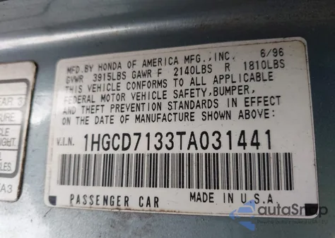 1996 Honda Accord Lx from USA, damaged, VIN 1HGCD7133TA031441